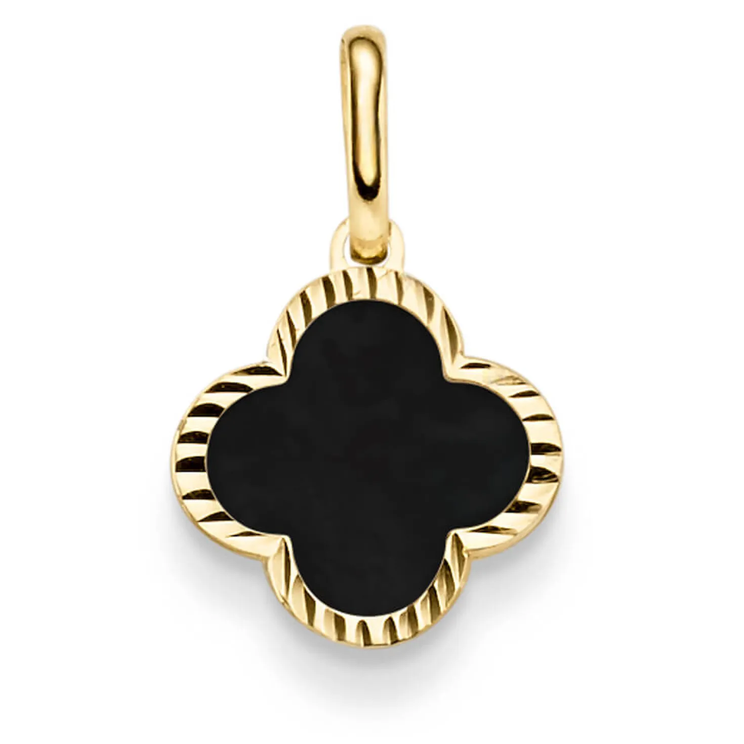 Anhänger aus 585 Gelbgold mit Blume Kleeblatt aus Onyx schwarz klein 12,5x20,5mm