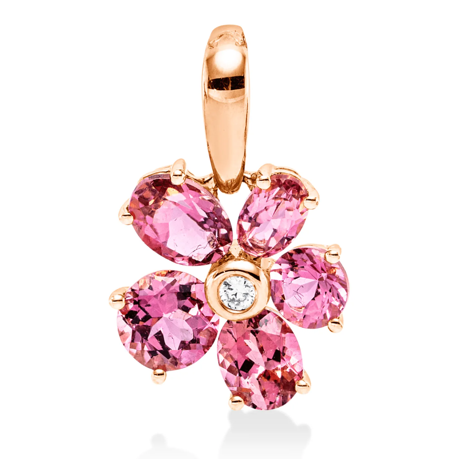 Anhänger aus 750 Rotgold 5 Turmaline 2,1ct pink Brillant 0,02ct TW-SI 17,8x11,3mm