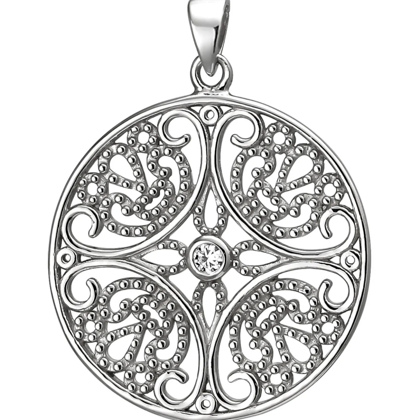Anhänger aus 925 Silber mit 4 weißen Zirkonia Halsschmuck rund mit Ornament