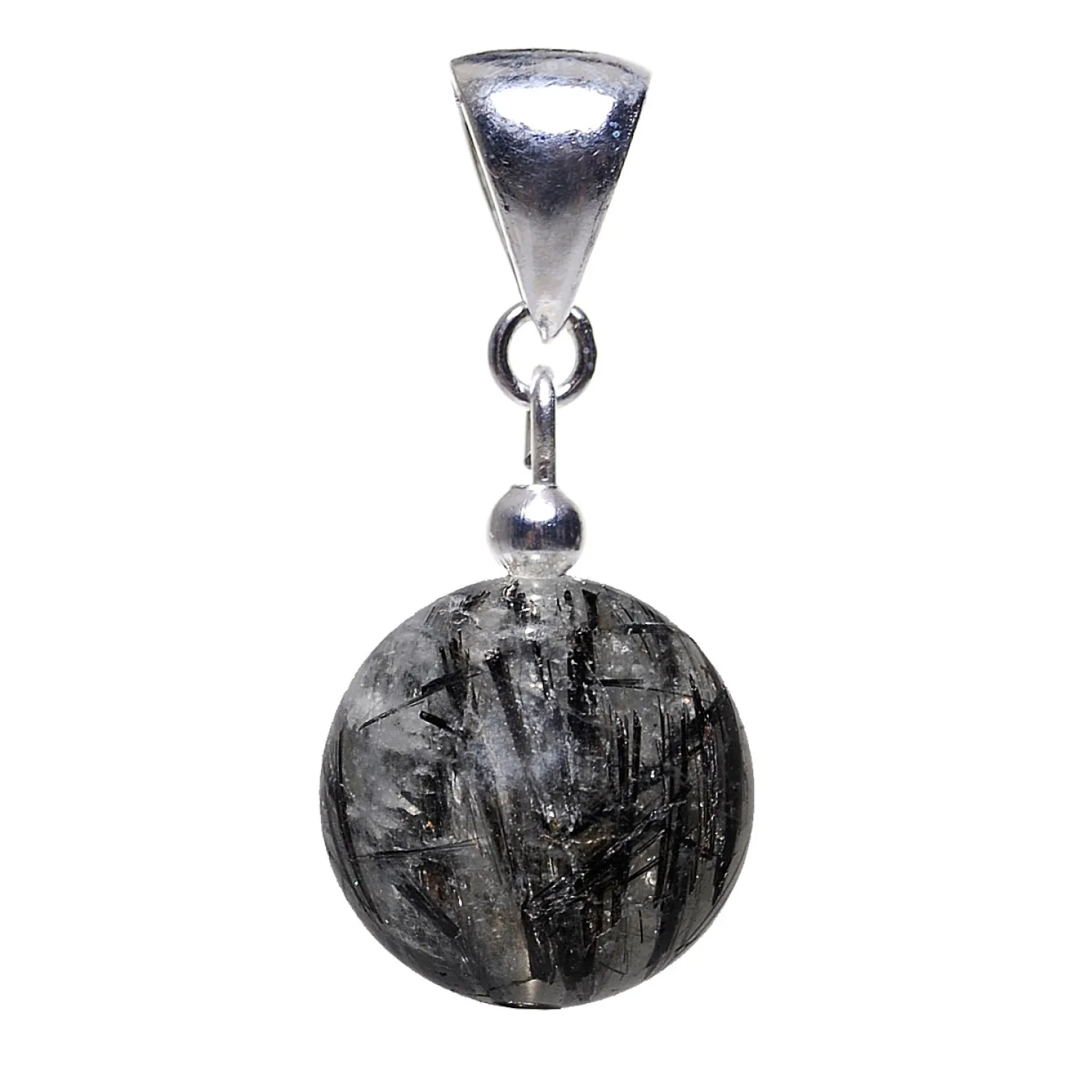 Anhänger aus Turmalin-Quarz Edelstein Kugel grau-schwarz & 925 Silber