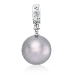 Anhänger aus 750 Weißgold Tahiti-Perle 11,5mm silbergrau 15 Diamanten 0,12ct W-SI
