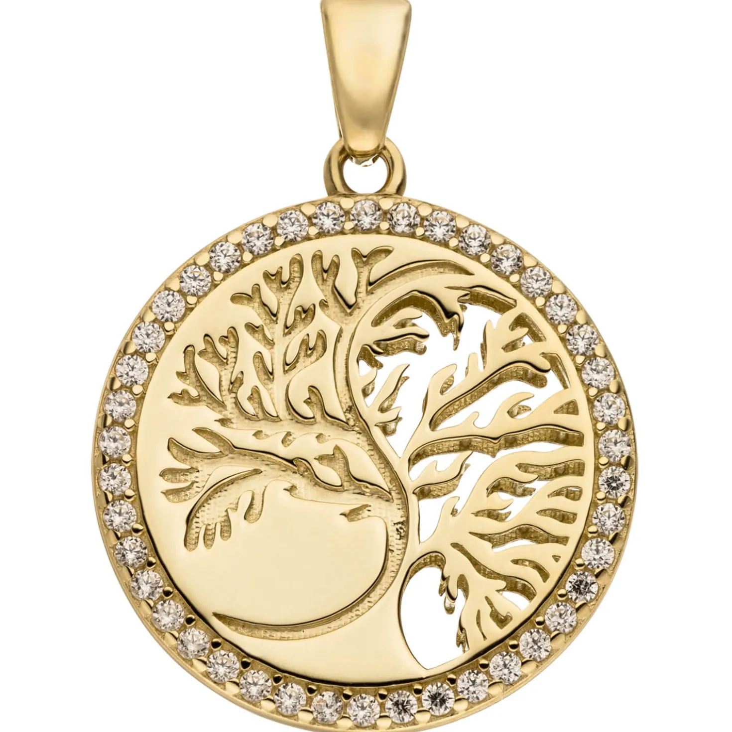 Anhänger Baum Lebensbaum rund 333 Gold Gelbgold mattiert 42 Zirkonia Ø 18,2mm