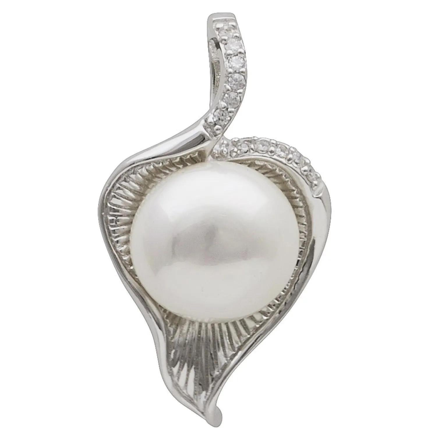 Anhänger Blatt mit Perle Muschelkernperle Zirkonia weiß 925 Silber Damen