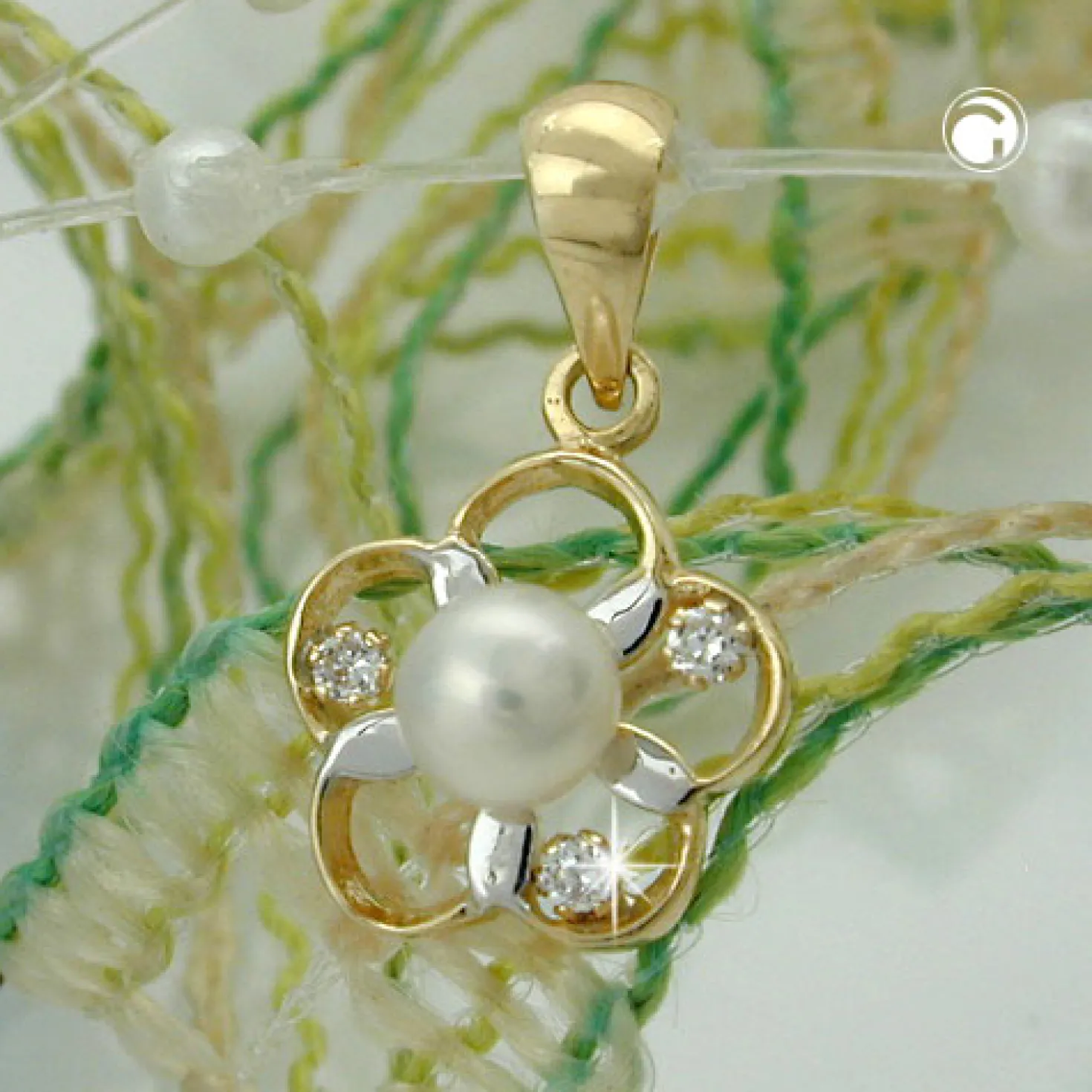 Anhänger Blume mit Süßwasser Zuchtperle 4mm & Zirkonia weiß 375 Gelbgold Damen