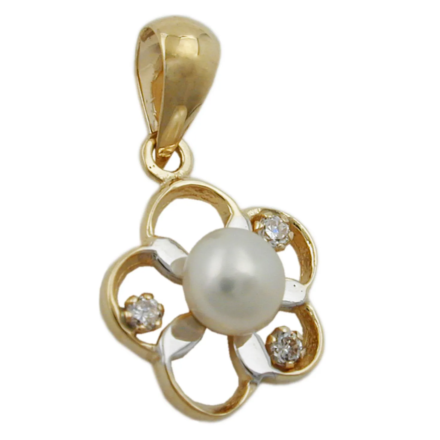 Anhänger Blume mit Süßwasser Zuchtperle 4mm & Zirkonia weiß 375 Gelbgold Damen