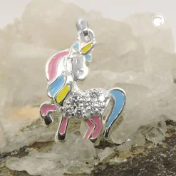 Anhänger für Kinder 15x11mm Einhorn mit farbigen Einlagen Zirkonia 925 Silber