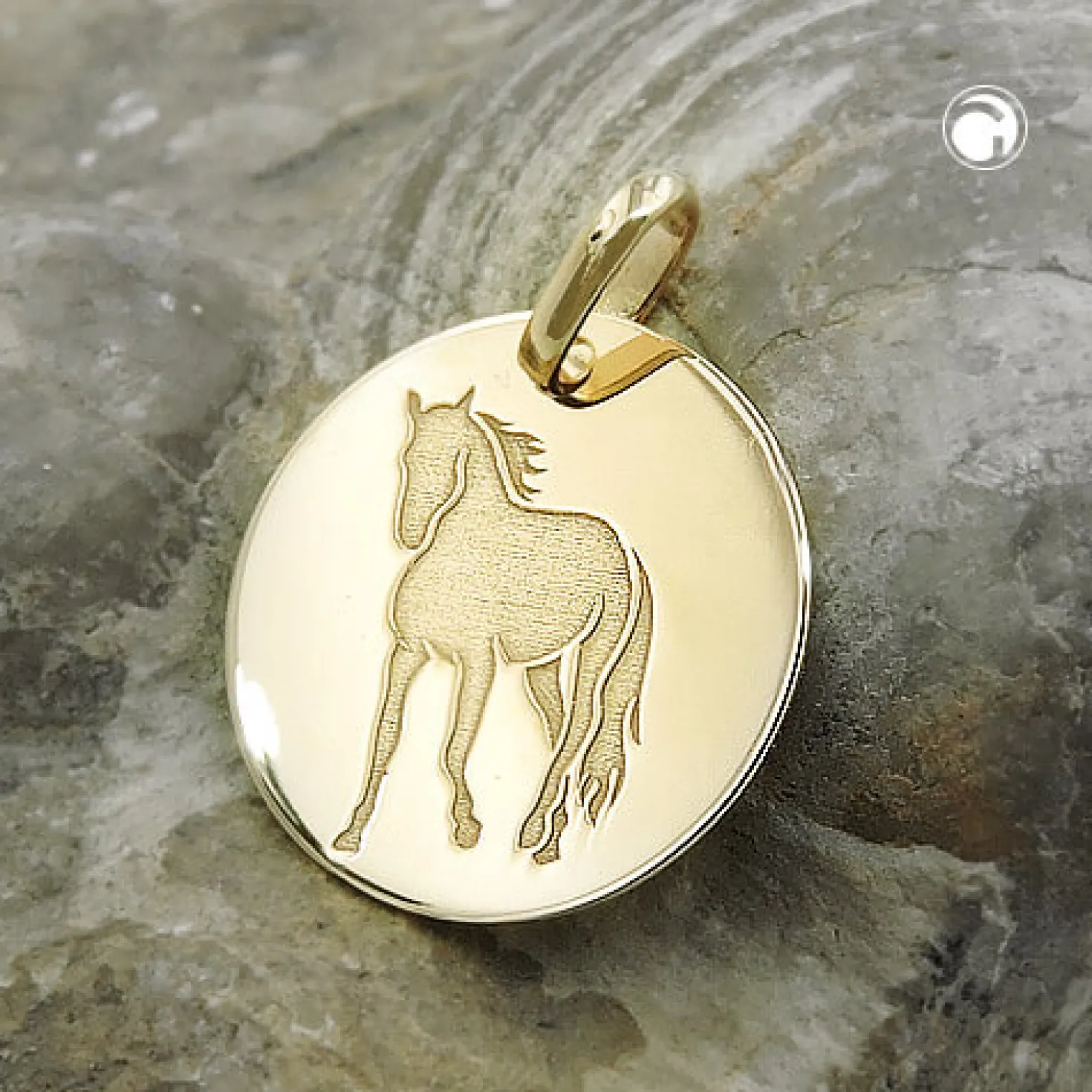 Anhänger Gravurplatte 14mm Lasergravur Pferd glänzend aus 9Kt 375 Gold Gelbgold