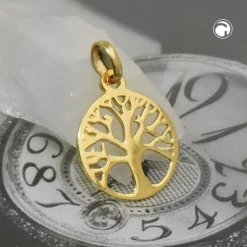 Anhänger Halsschmuck 12mm Baum des Lebens Lebensbaum, rund, 375 Gold Gelbgold