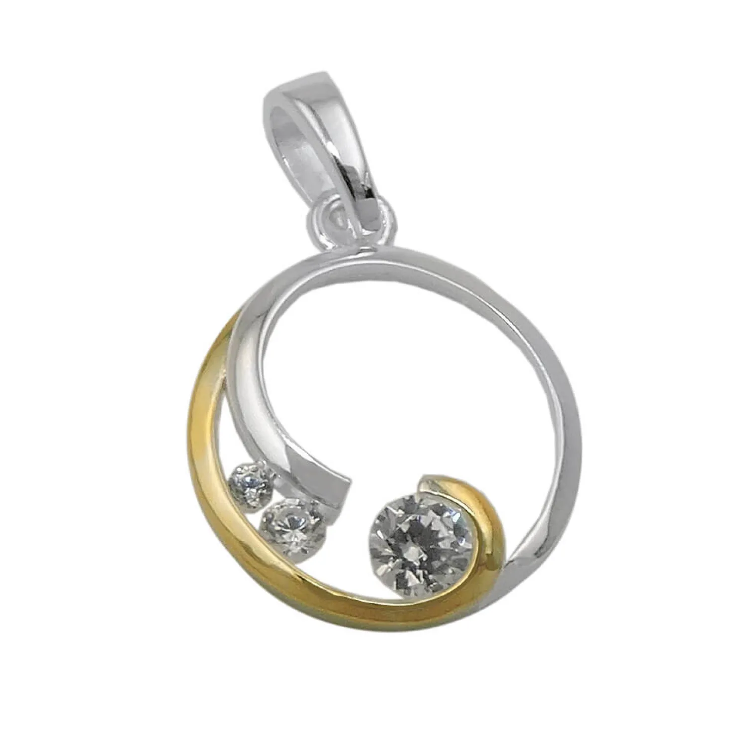 Anhänger Kreis mit Spirale 12mm mit Zirkonia aus 925 Silber teilvergoldet