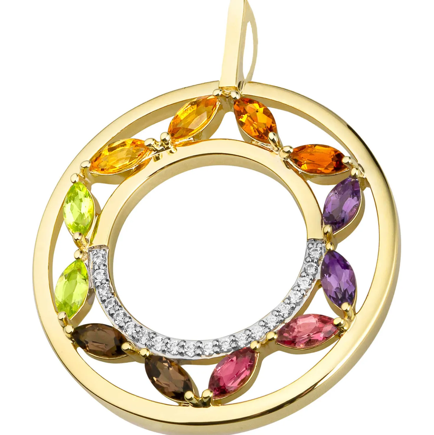 Anhänger Kreis Ø 28,6mm aus 585 Gelbgold 12 bunte Edelsteine 20 Diamanten