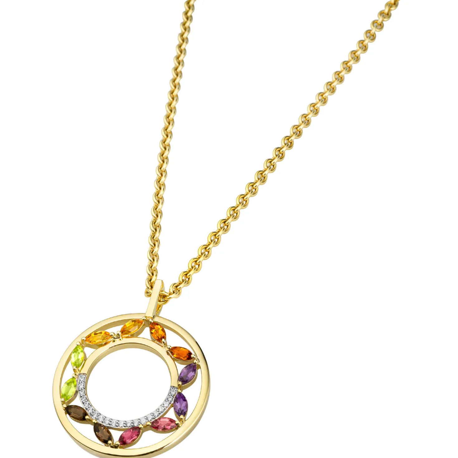 Anhänger Kreis Ø 28,6mm aus 585 Gelbgold 12 bunte Edelsteine 20 Diamanten