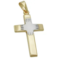 Anhänger Kreuz aus 375 Gold bicolor teil-rhodiniert 21x14mm Halsschmuck