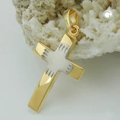 Anhänger Kreuz aus 375 Gold bicolor teil-rhodiniert 21x14mm Halsschmuck