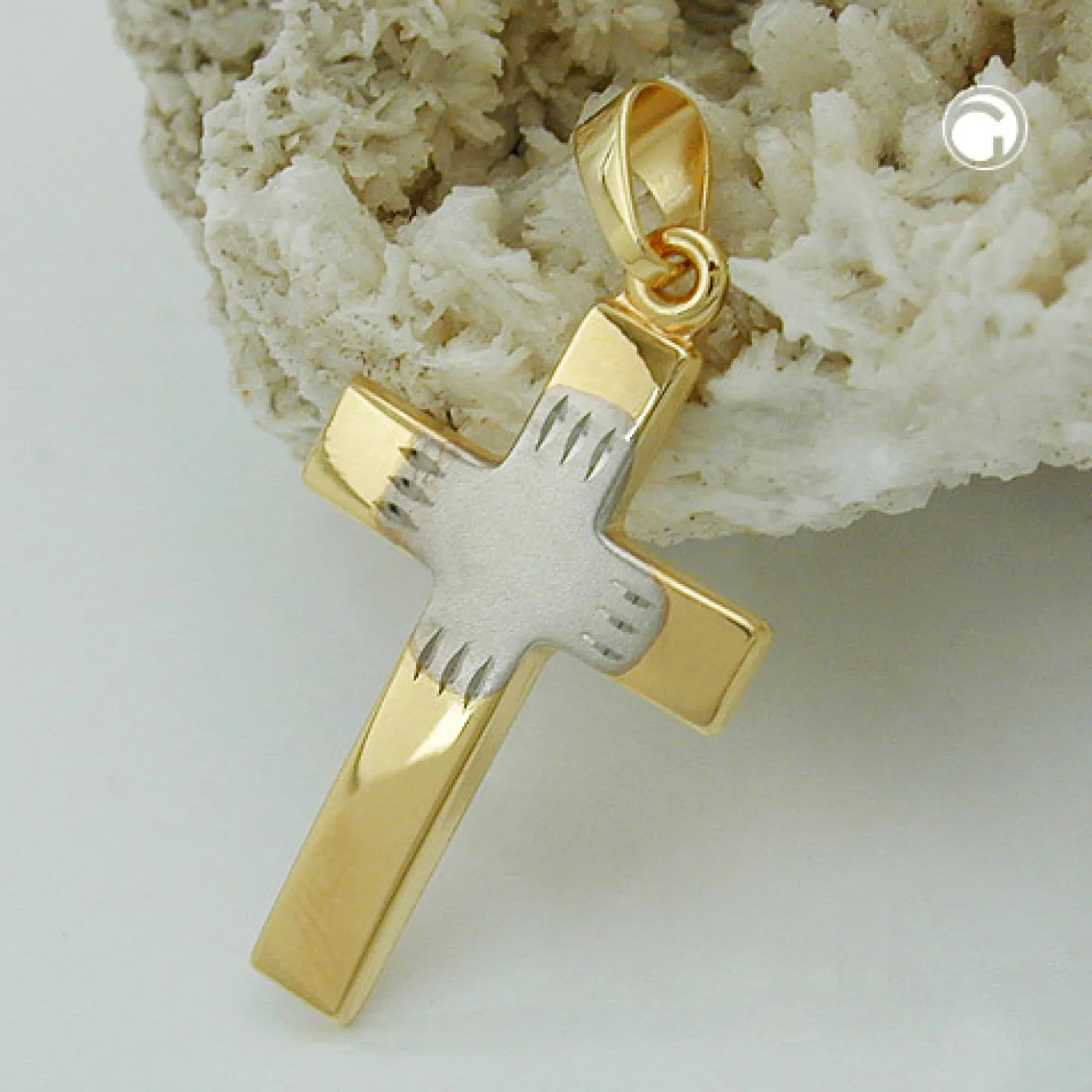 Anhänger Kreuz aus 375 Gold bicolor teil-rhodiniert 21x14mm Halsschmuck