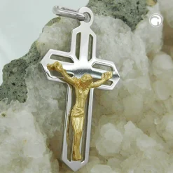 Anhänger Kreuz mit Jesus 925 Silber teil-vergoldet bicolor 38x23mm