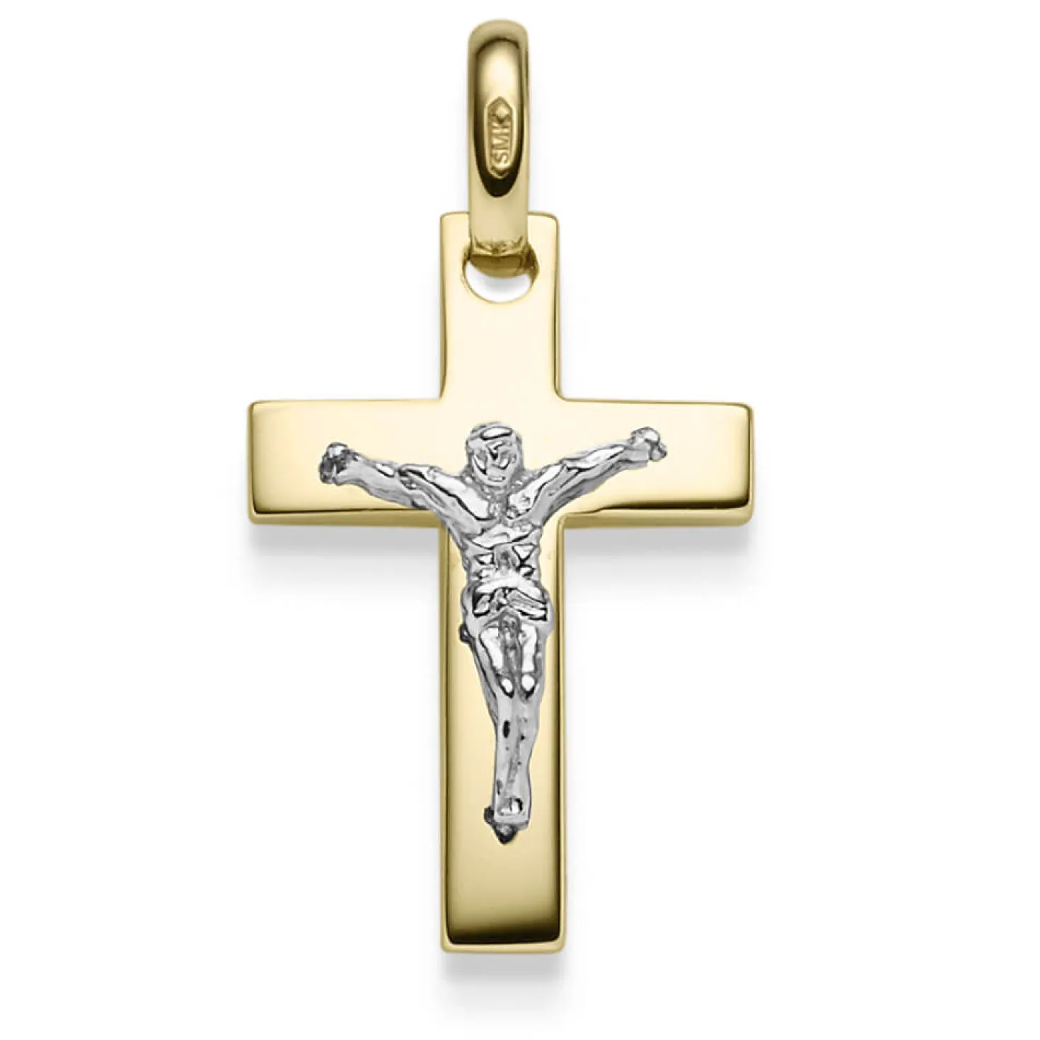 Anhänger Kreuz mit Jesus 29x15mm 585 Gold Gelbgold & Weißgold bicolor