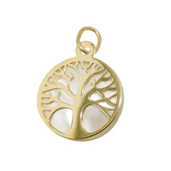 Anhänger, 12mm Baum des Lebens Lebensbaum mit Perlmutt, 375 Gold Gelbgold