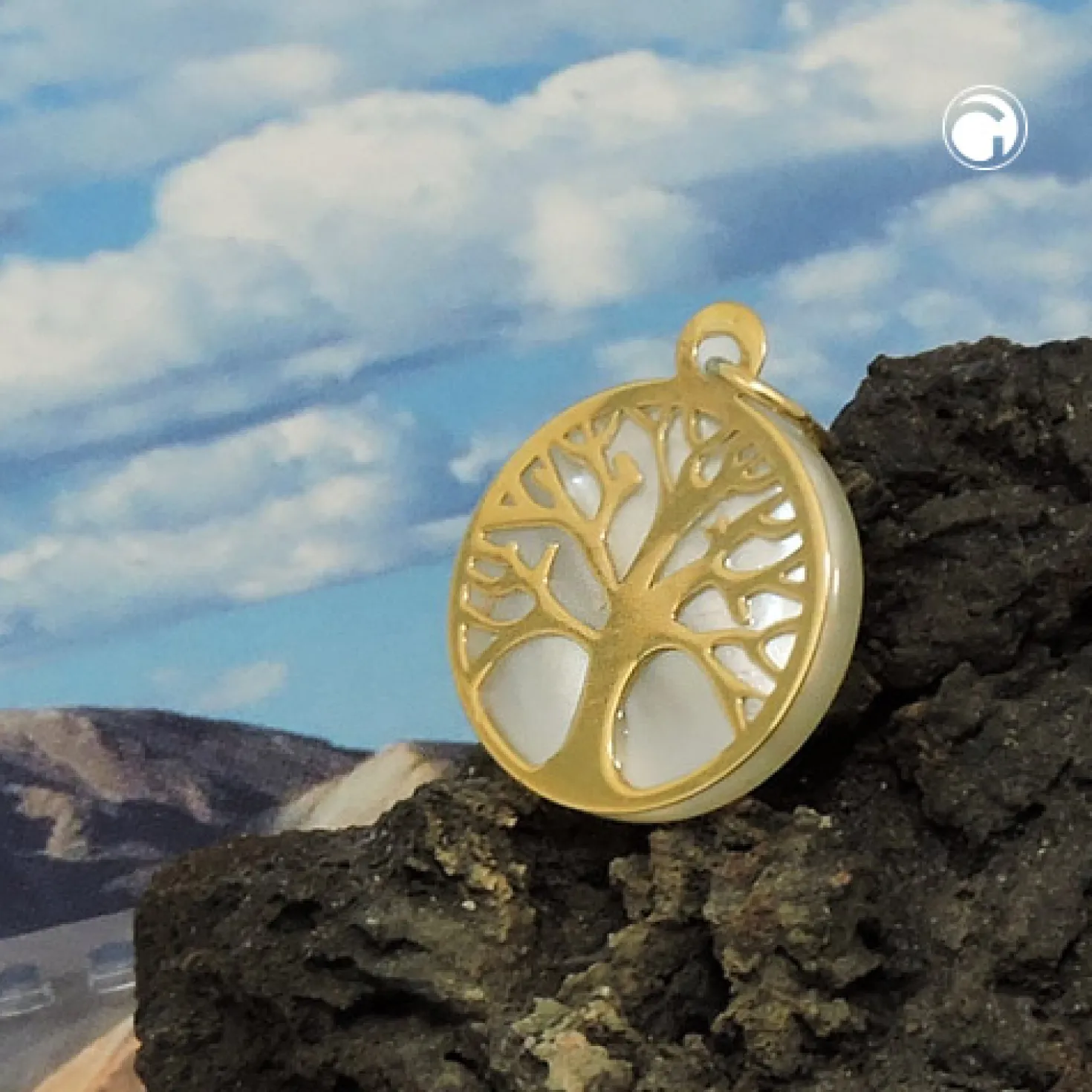 Anhänger, 12mm Baum des Lebens Lebensbaum mit Perlmutt, 375 Gold Gelbgold