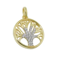 Anhänger, 15mm Baum des Lebens Lebensbaum mit weißen Zirkonia, 375 Gold Gelbgold