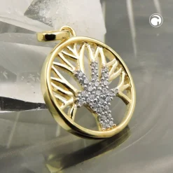Anhänger, 15mm Baum des Lebens Lebensbaum mit weißen Zirkonia, 375 Gold Gelbgold