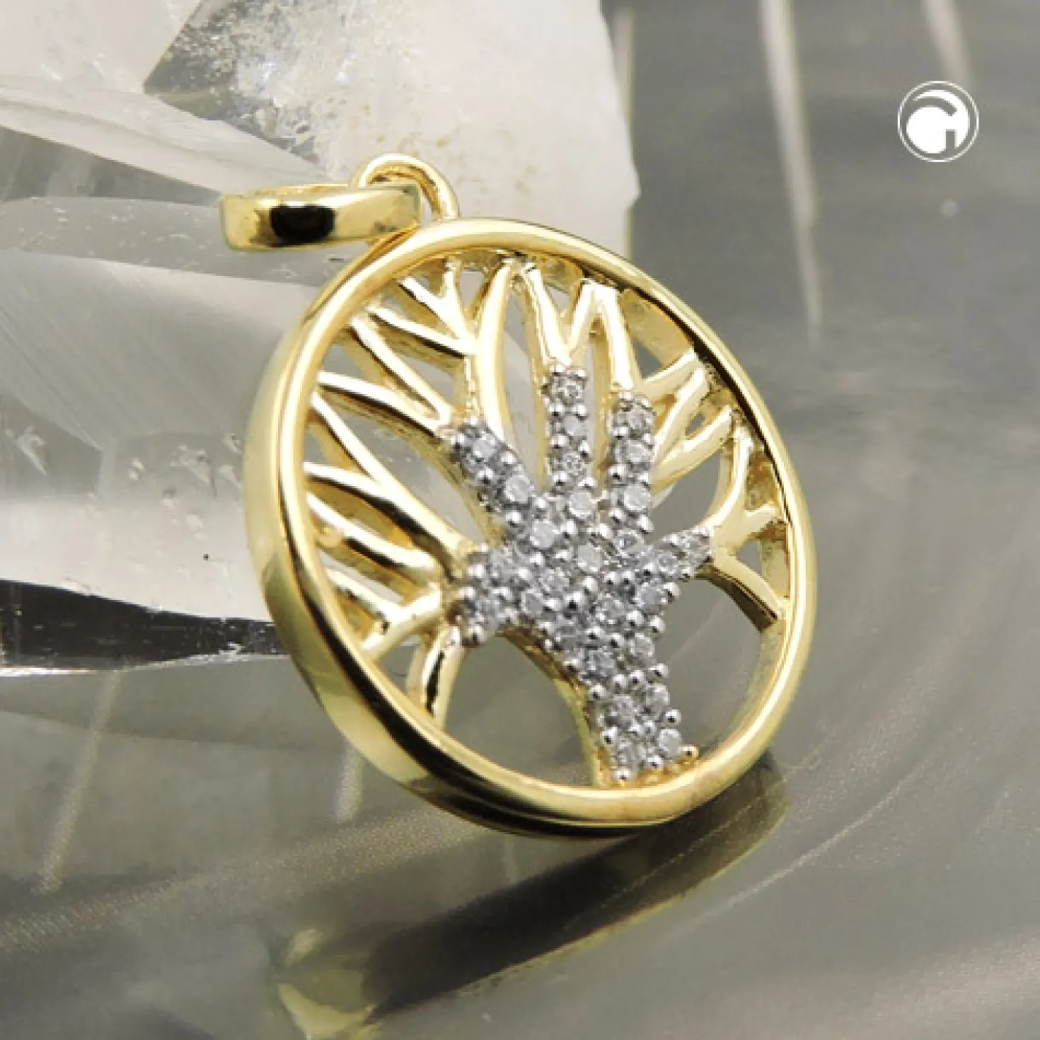 Anhänger, 15mm Baum des Lebens Lebensbaum mit weißen Zirkonia, 375 Gold Gelbgold