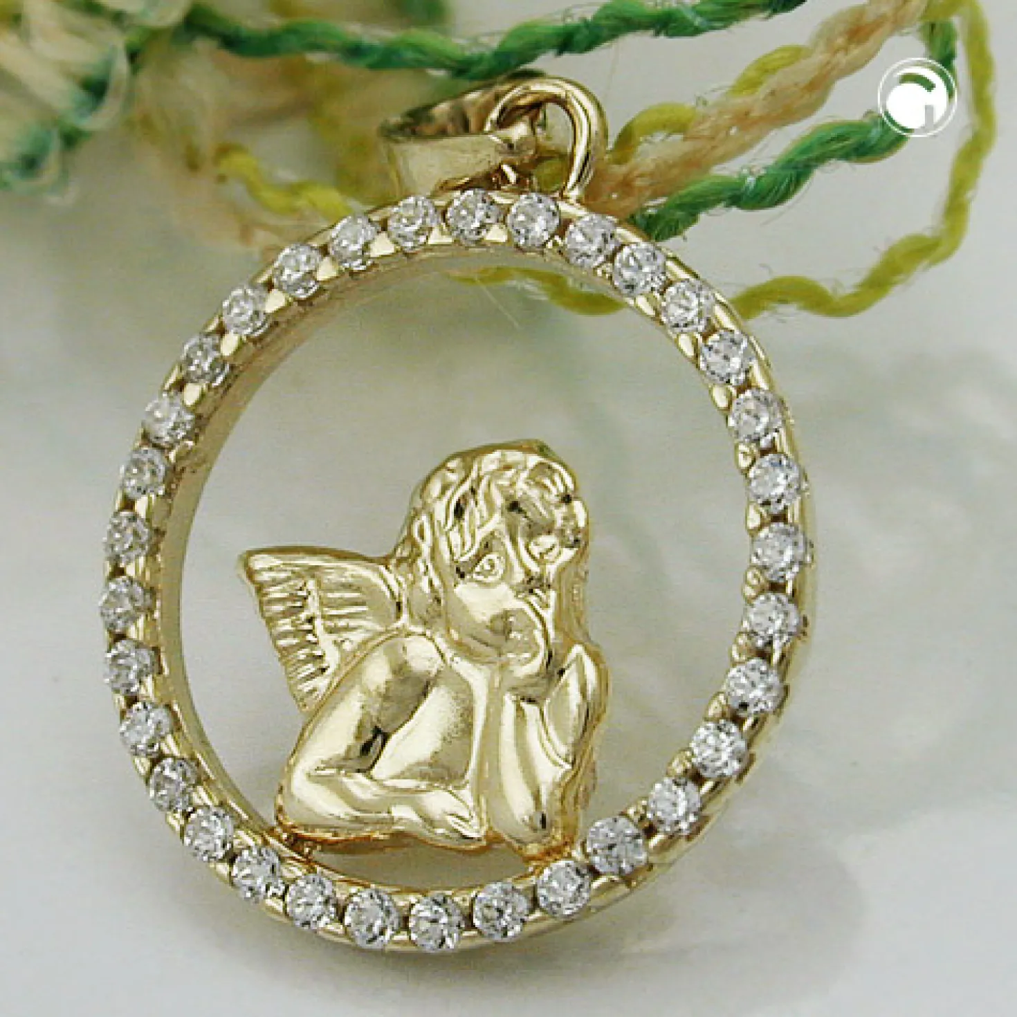 Anhänger 14mm Engel im Kreis mit Zirkonia weiß 375 Gold Gelbgold Engelmotiv
