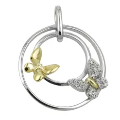 Anhänger 24mm 2 Schmetterlinge weiße Zirkonia 925 Silber bicolor vergoldet
