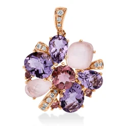 Anhänger 750 Rotgold 10 Quarze 6,3ct rosa 12 Brillanten 0,1ct TW-SI 25,5x19,4mm