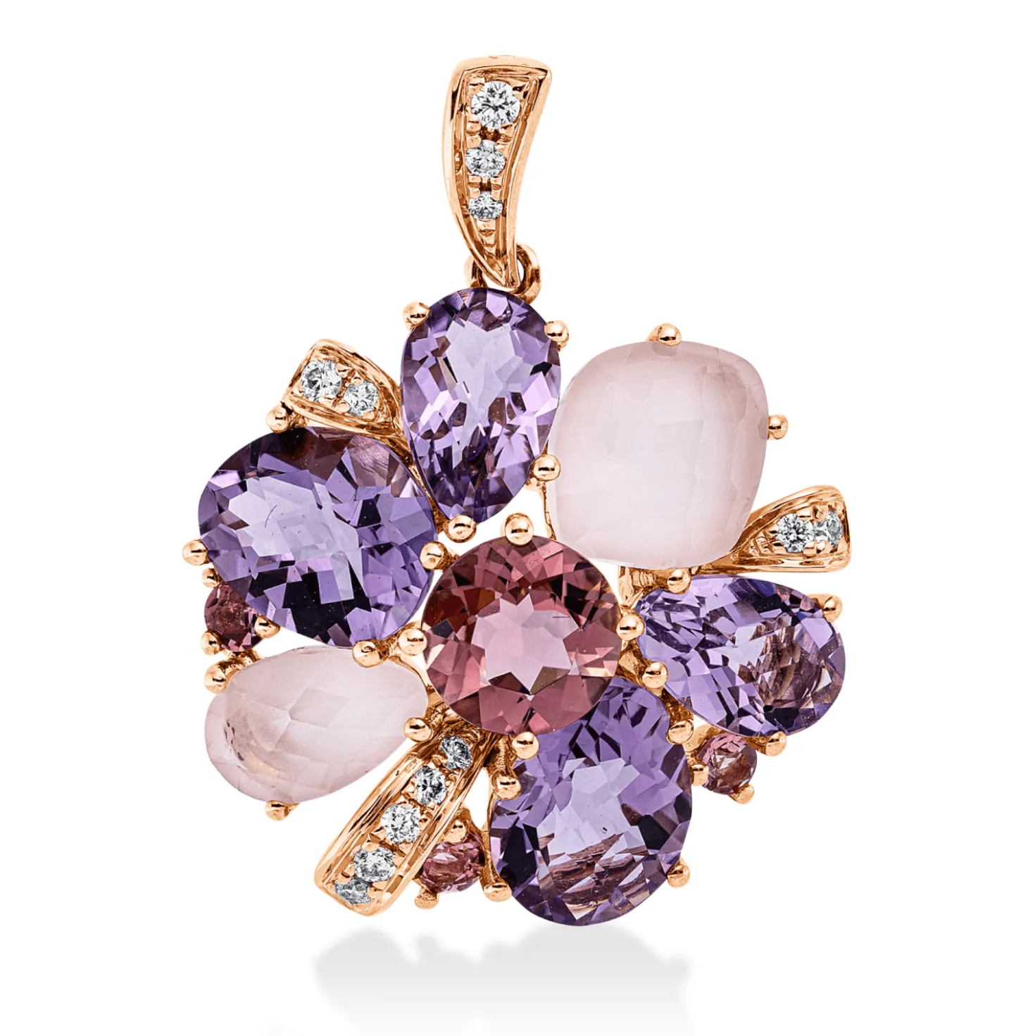 Anhänger 750 Rotgold 10 Quarze 6,3ct rosa 12 Brillanten 0,1ct TW-SI 25,5x19,4mm