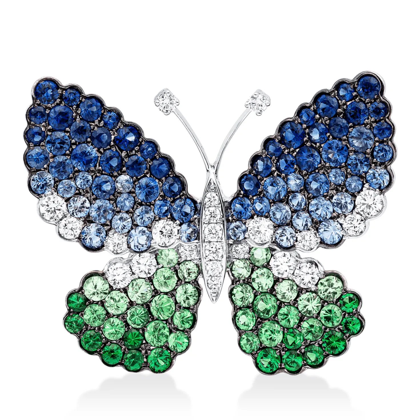 Anhänger Schmetterling 750 Weißgold 112 Tsavorithe 5,59ct grün mit Brillanten