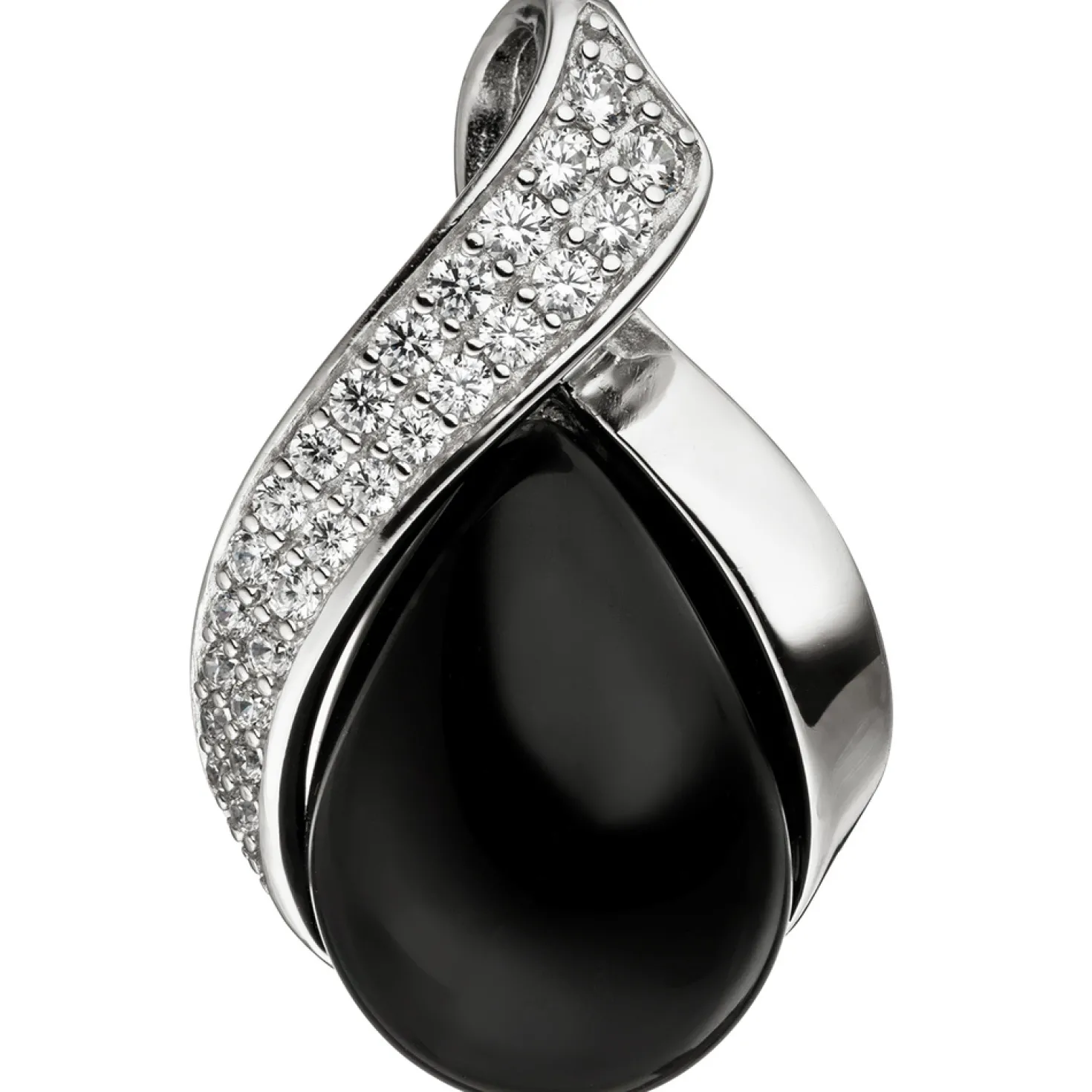 Anhänger schwarzer Onyx in Tropfenform Öse Möbius Blatt Zirkonia 925 Silber