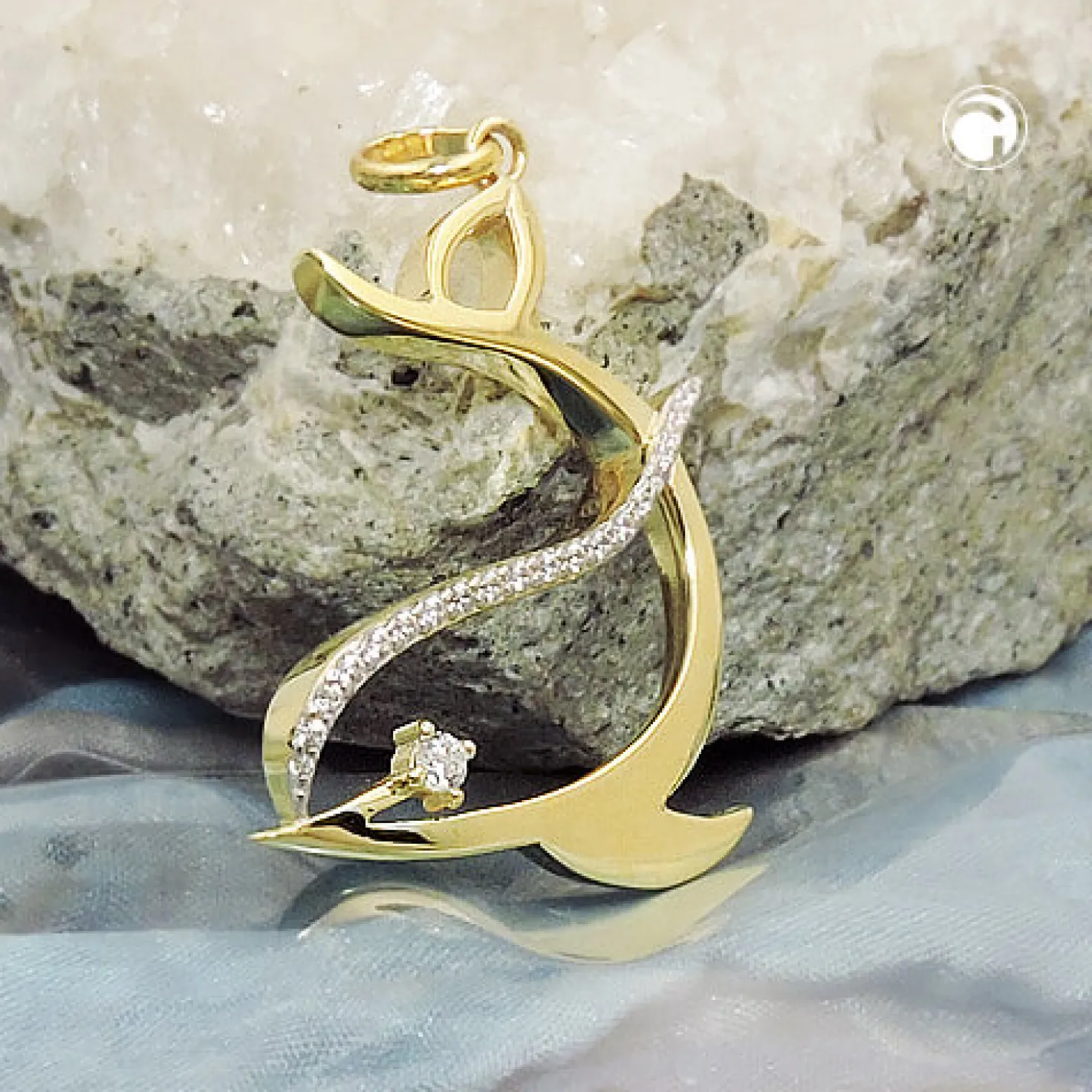 Anhänger stilisierter Delfin 25x20mm mit Zirkonia 375 Gold Gelbgold glänzend