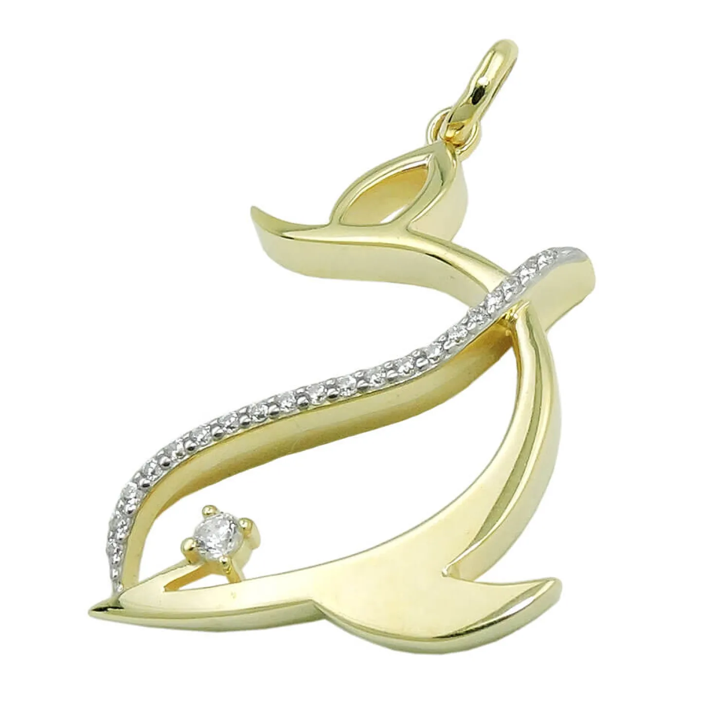 Anhänger stilisierter Delfin 25x20mm mit Zirkonia 375 Gold Gelbgold glänzend