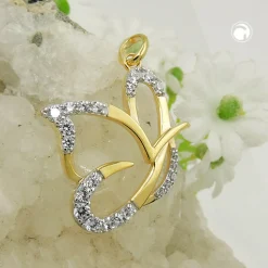 Anhänger stilisierter Schmetterling 17x19mm mit Zirkonia 9Kt 375 Gold Gelbgold