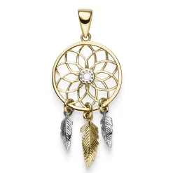 Anhänger Traumfänger 14x31,5mm Kreis mit Blumen-Muster & Federn 585 Gold bicolor
