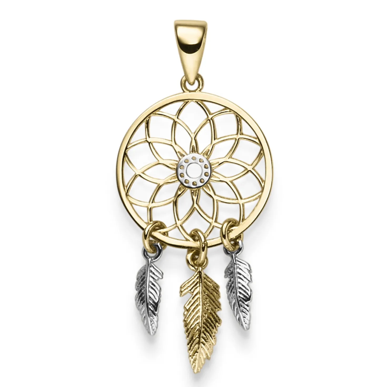 Anhänger Traumfänger 14x31,5mm Kreis mit Blumen-Muster & Federn 585 Gold bicolor
