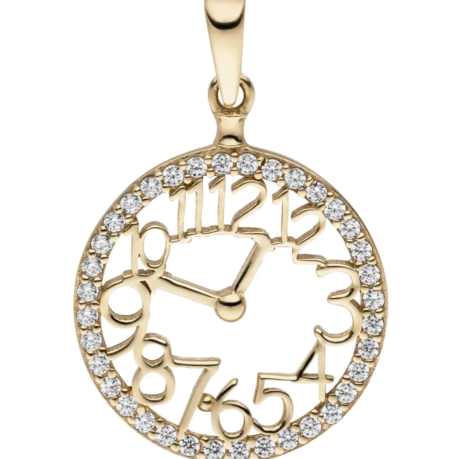 Anhänger Uhr mit Pfeilen und Ziffer 333 Gold Gelbgold 36 Zirkonia rundum Ø16,3mm