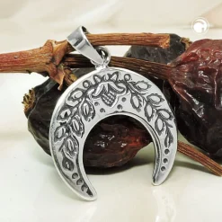 Anhänger Viertelmond Mondsichel mit Blumen 17x18mm aus 925 Silber geschwärzt