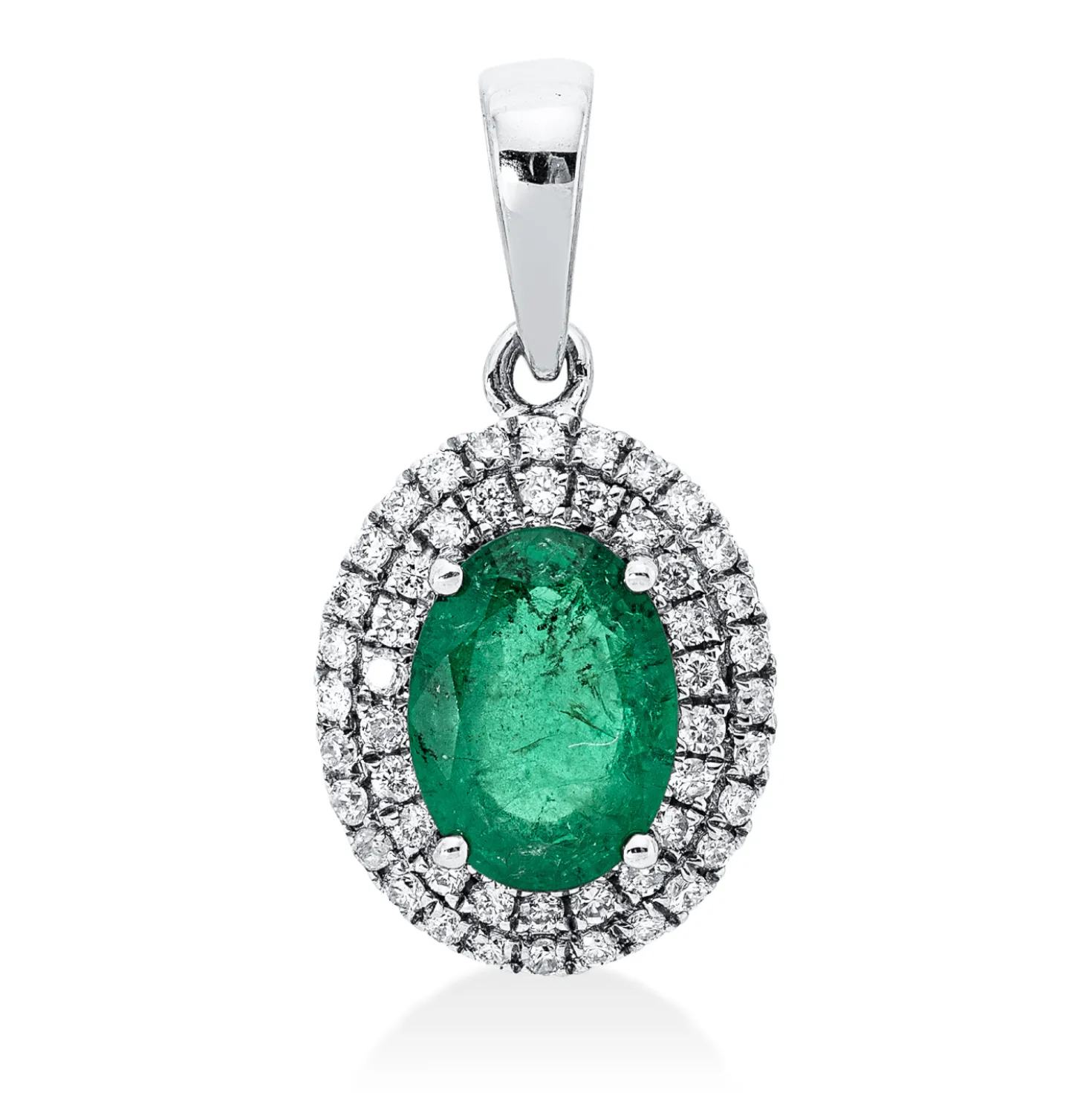 Anhänger 750 Weißgold Smaragd 0,93ct grün 50 Brillanten 0,15ct TW-SI 17,2x9mm