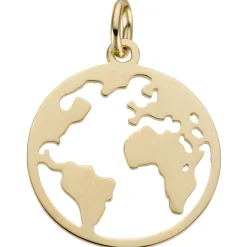 Anhänger Welt Weltkarte aus 585 Gold Gelbgold rund flach Halsschmuck Unisex