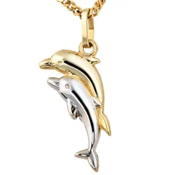 Anhänger 8,5x18,7mm Delfine Delfin 333 Gold Gelbgold rhodiniert bicolor Damen