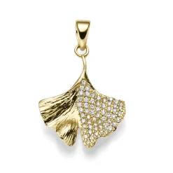 Anhänger 15,5x23mm Ginkoblatt aus 585 Gelbgold mit 58 Diamanten 0,21 Ct TW-SI