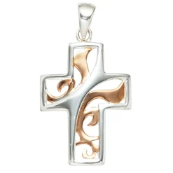 Anhänger 14,4x21,9mm Halsschmuck Kreuz 925 Silber rhodiniert teilrotvergoldet