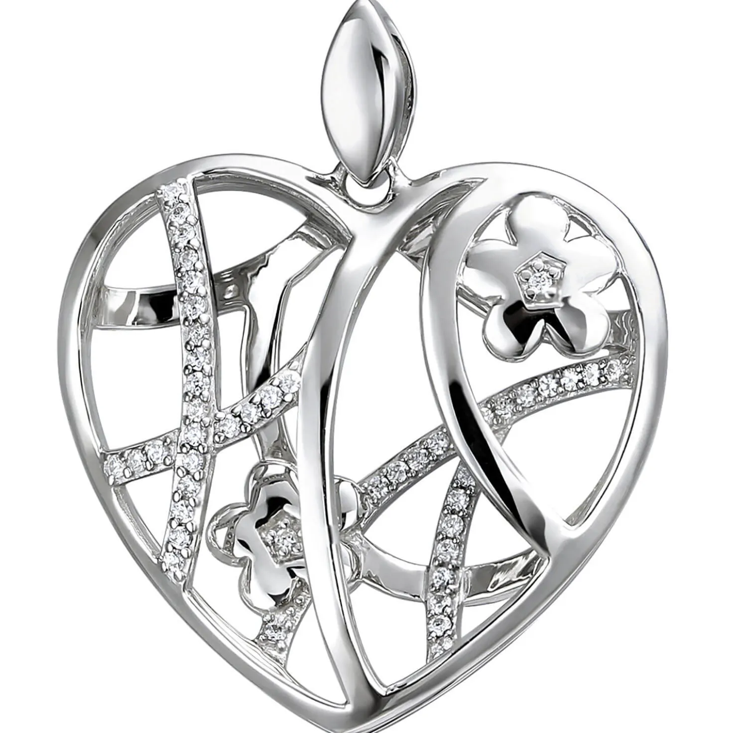 Anhänger 30x28,6mm Herz mit Blumen aus 925 Silber 47 Zirkonia Silberanhänger