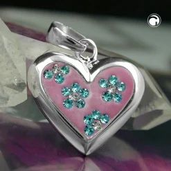 Anhänger 19x19mm Herz mit Zirkonia 925 Silber rosa mit hellblauen Blüten Damen
