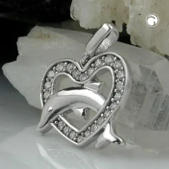 Anhänger 14x15mm Herz & springender Delfin Zirkonia weiß 925 Sterling Silber