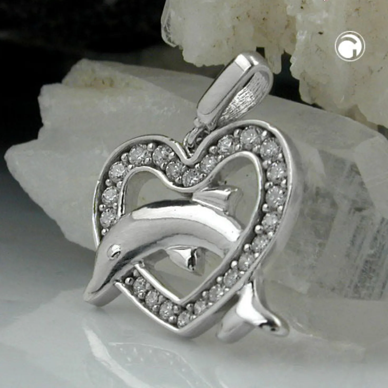 Anhänger 14x15mm Herz & springender Delfin Zirkonia weiß 925 Sterling Silber