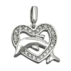 Anhänger 14x15mm Herz & springender Delfin Zirkonia weiß 925 Sterling Silber