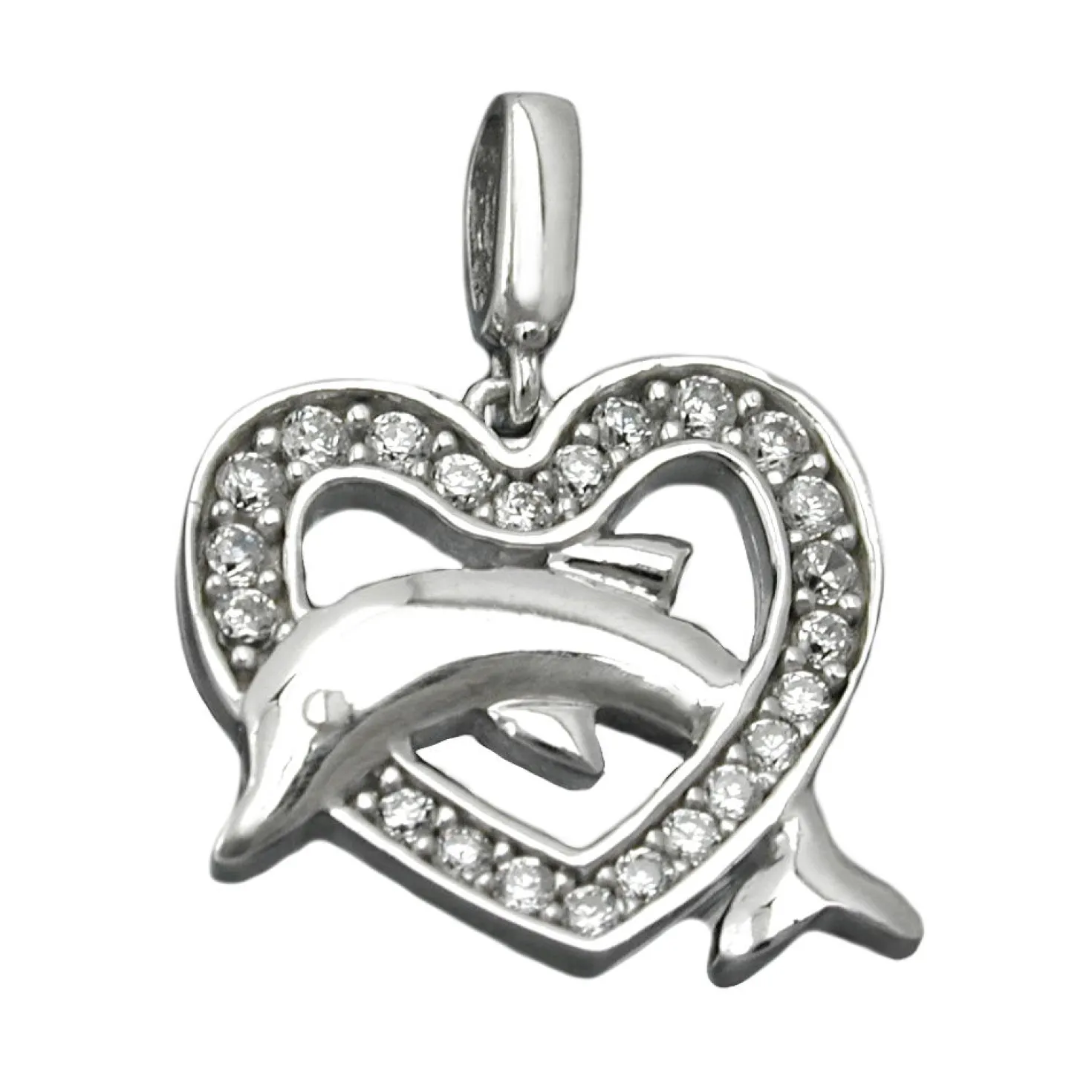 Anhänger 14x15mm Herz & springender Delfin Zirkonia weiß 925 Sterling Silber