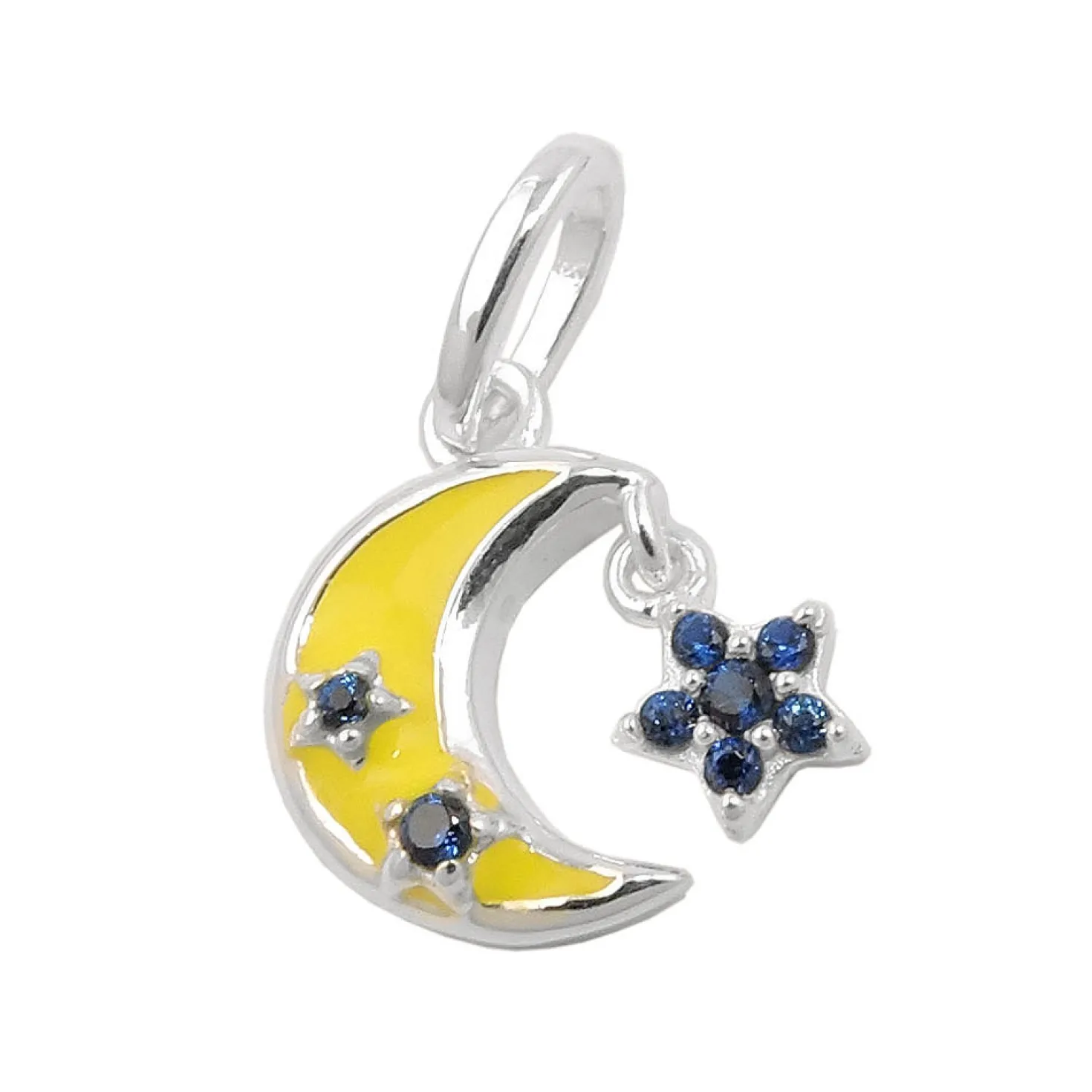 Anhänger 11x11mm Kinder gelbes Mond mit Sternchen aus blauen Zirkonia 925 Silber